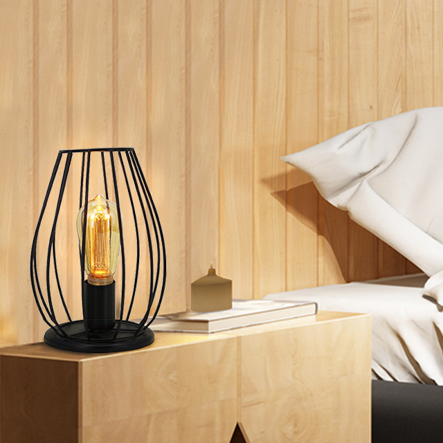 Modern Wood Base Iron Table Lamp with Cage Lampshade