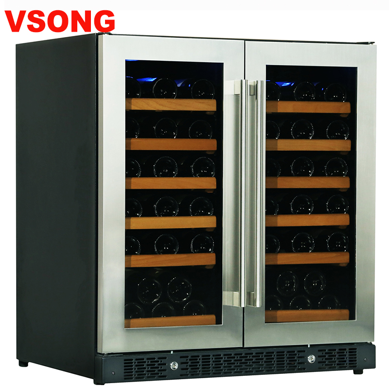 pass DOE 60bottles invert compressor Side by Side stainless steel dual glass door wine cooler