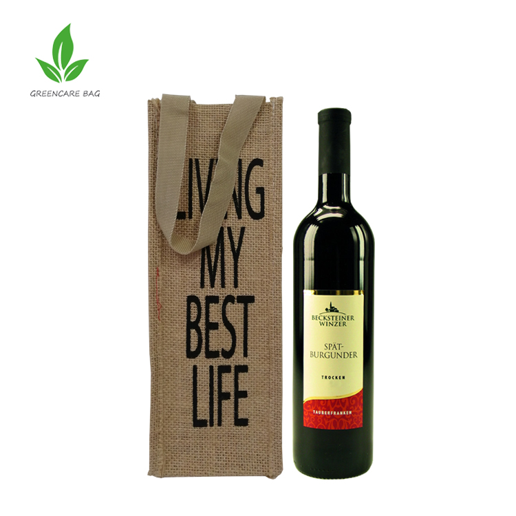Custom logo printed eco-friendly Reusable wine bottle jute tote bag