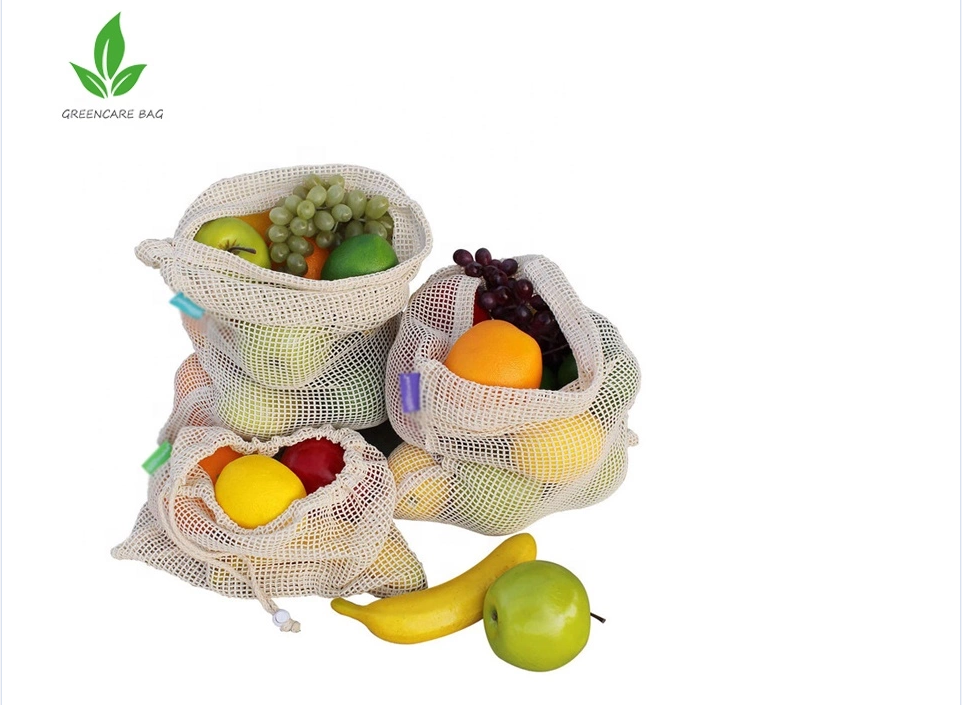 Hight Quality 4pcs per Set Polyester Reusable Mesh Produce Bags for Vegetable and Fruit