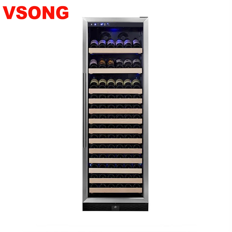 168bottles Single Zone Stainless Steel Glass Door Wood Display Rack Compressor Built in Wine Fridge