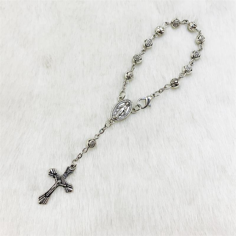 Factory Supplier Fashional Hot popular Latest Design High Quality Christian Religious Alloy Rose Beads Car Rosary Bracelet