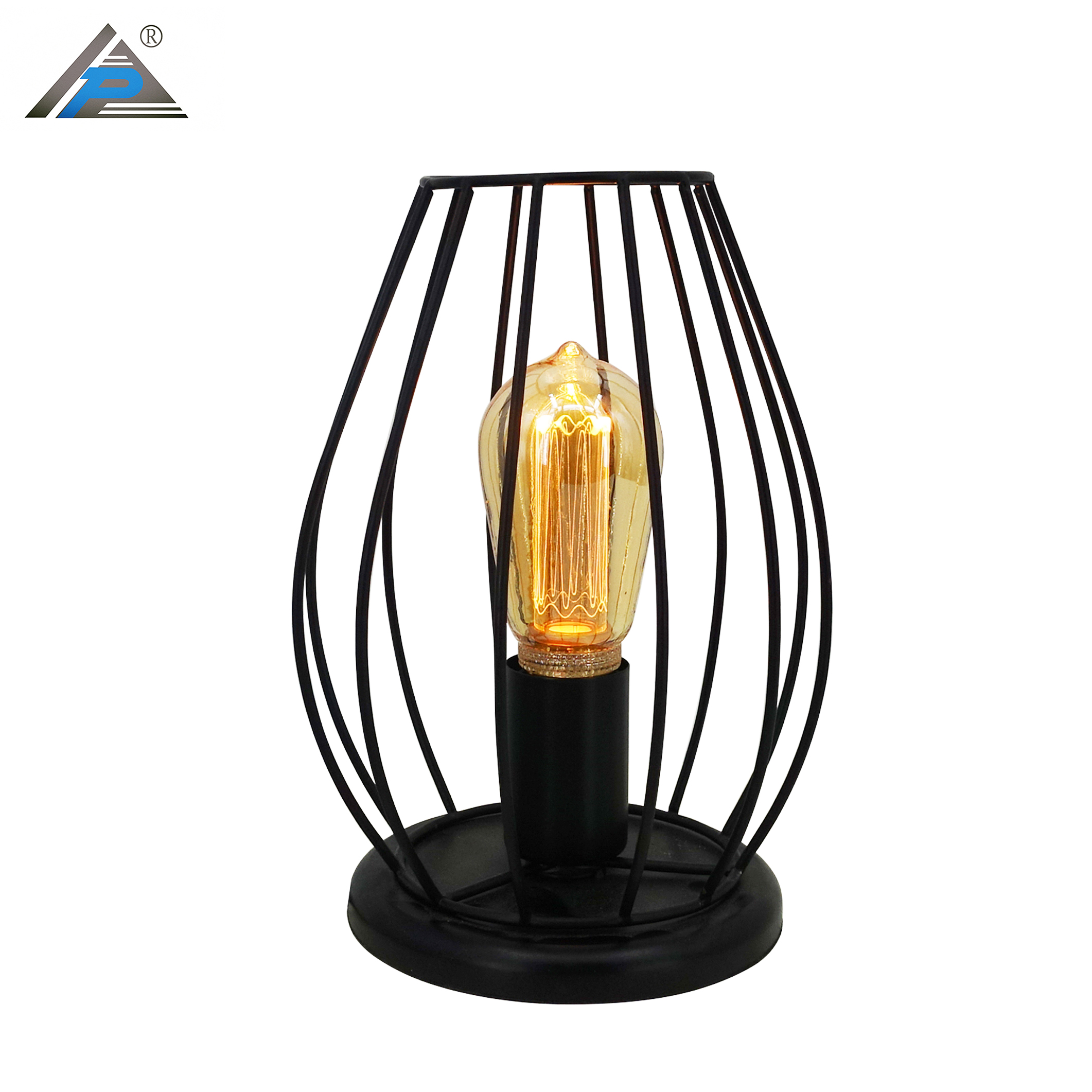 Modern Wood Base Iron Table Lamp with Cage Lampshade