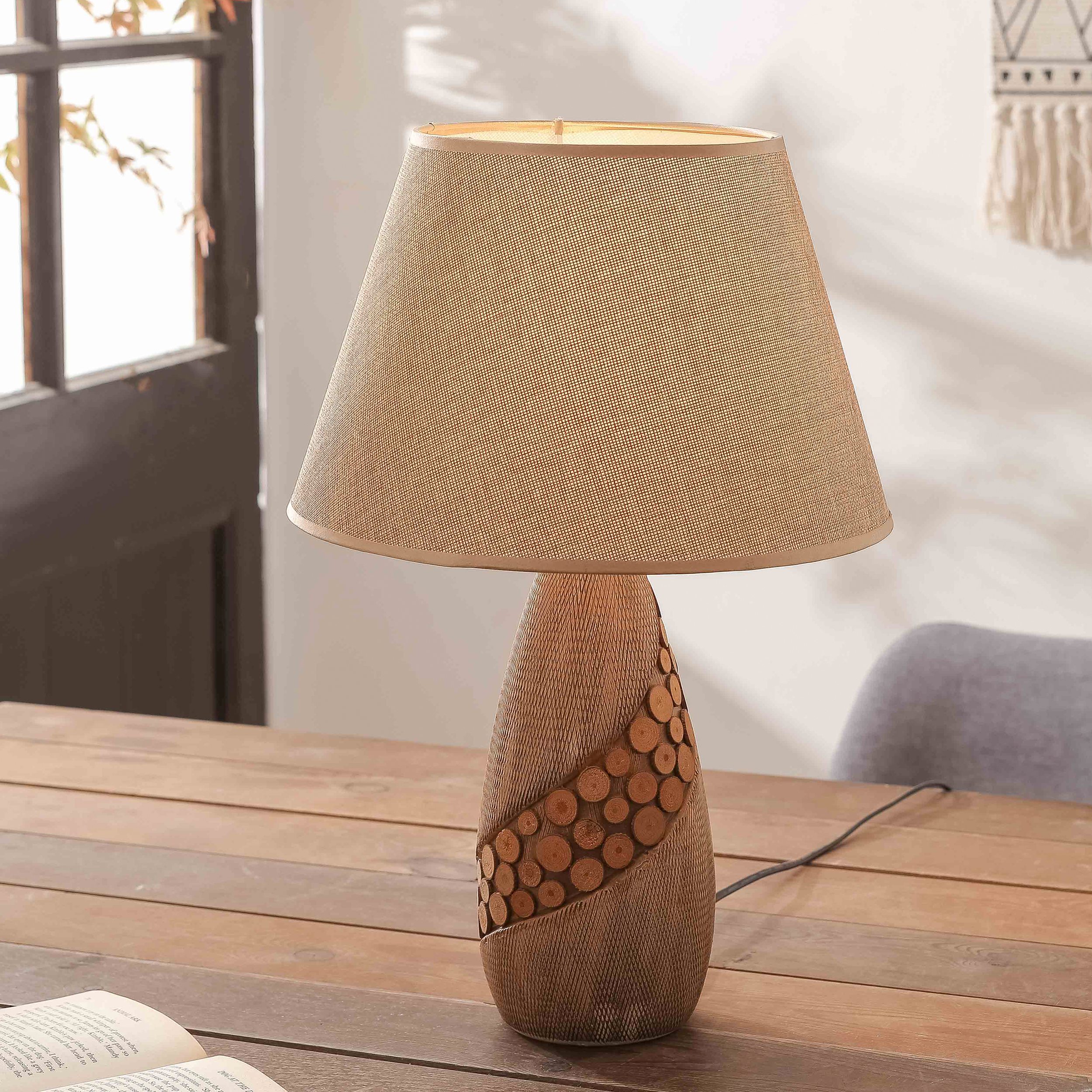 table lamp wooden ceramic lamp body + linen lampshade